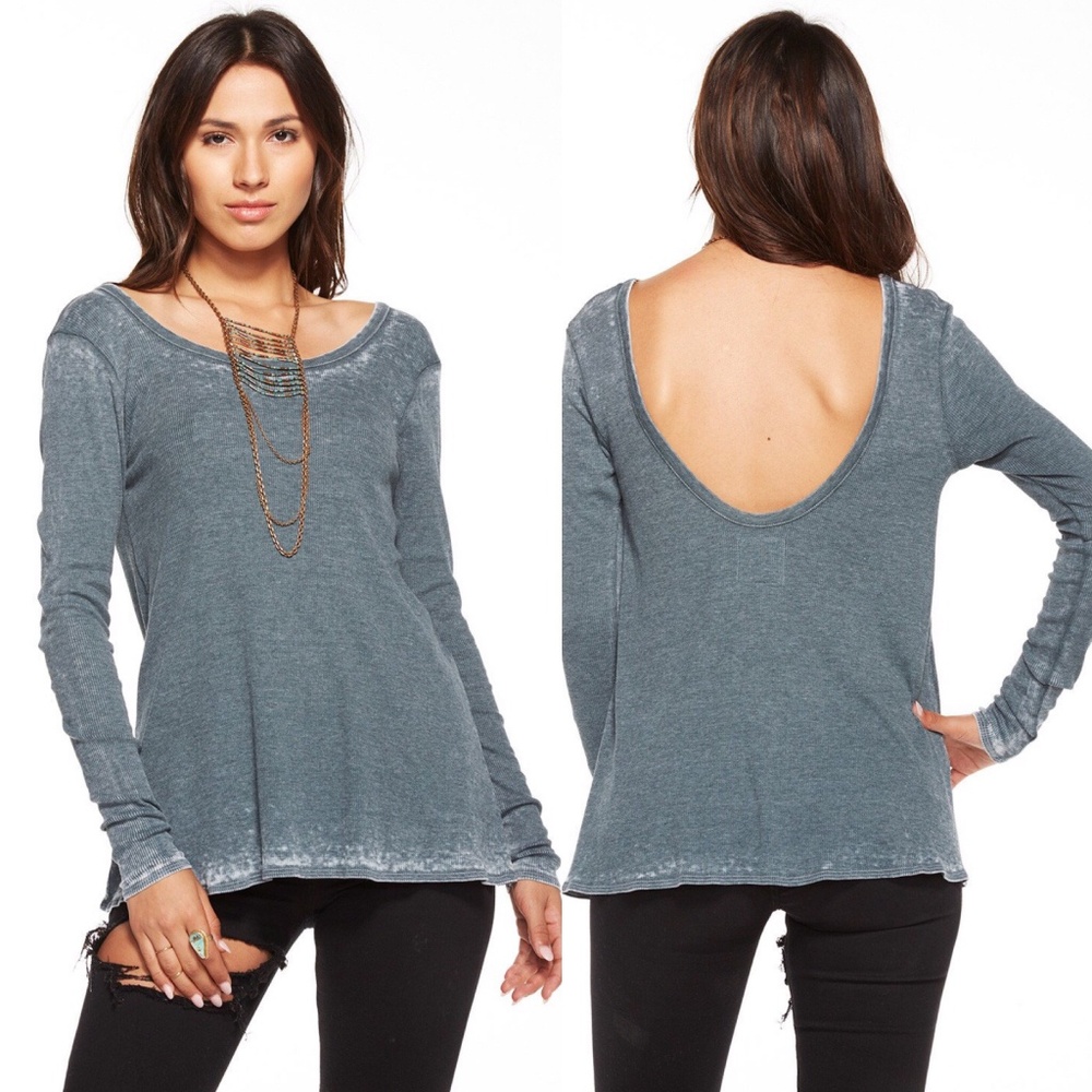 Chaser Vintage Rib Scoop Back Grey Burnout Tee Top